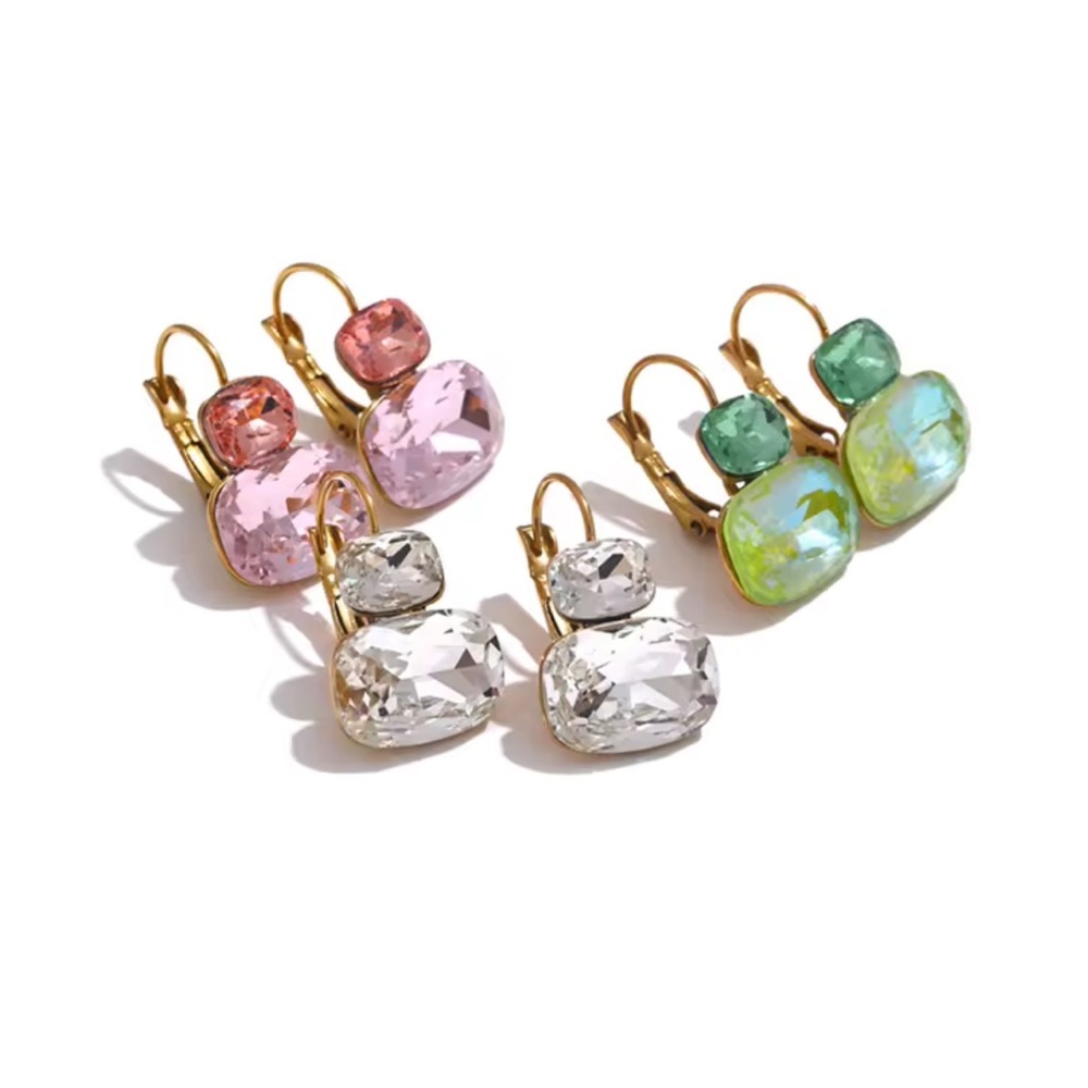 Pink Crystal Drop Earrings – Gold-Plated Stainless Steel - Picture 4 of 10